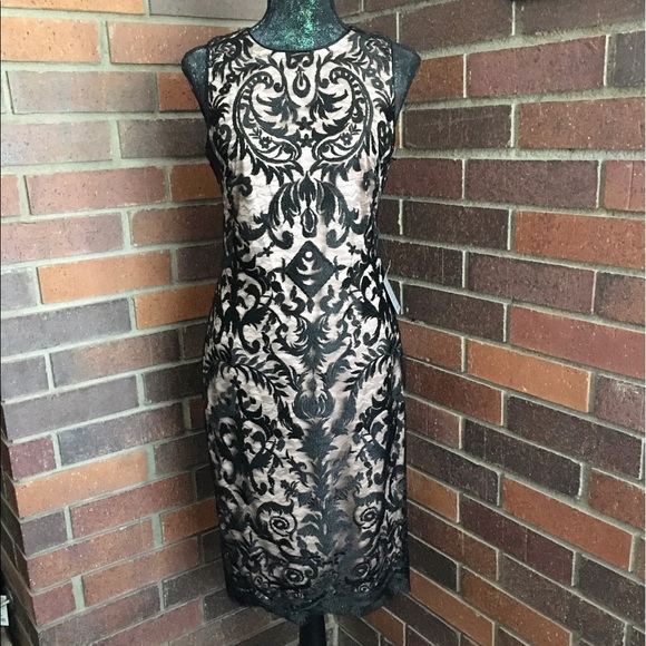 vince camuto embroidered mesh sheath dress